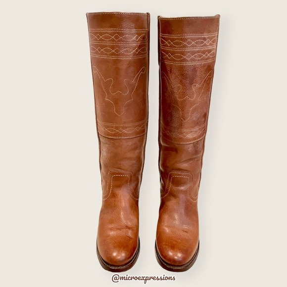 1970 Frye VINTAGE RARE Deer/Moose Cognac Leather Campus Knee High Tall Heel Boot - Picture 3 of 13